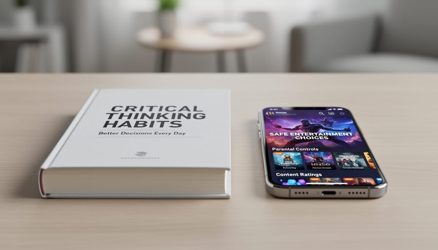 Open book next to a smartphone with a blurred gambling-themed screen, suggesting critical thinking applied to online choices.