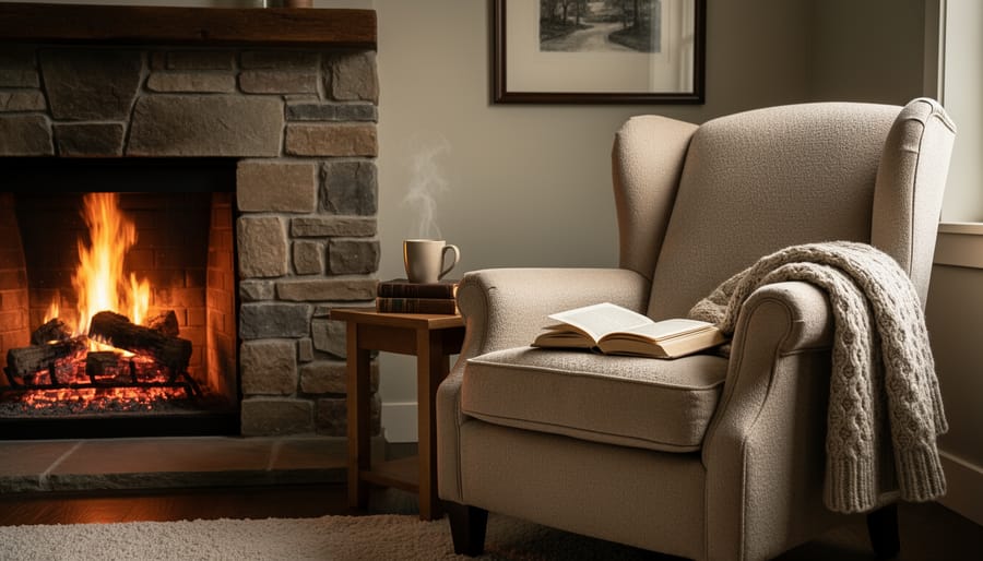 Cozy reading corner with an armchair, open book, knit throw, and warm mug next to a glowing fireplace.