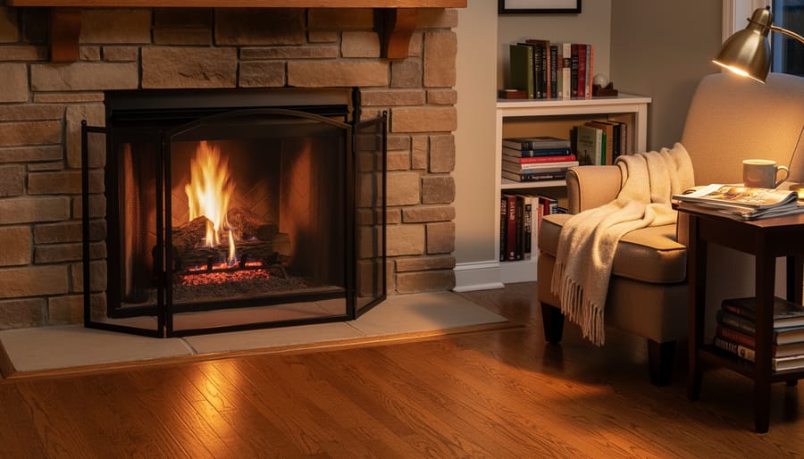 Fireplace with a protective screen showing safe clearance and a book placed away from direct heat.