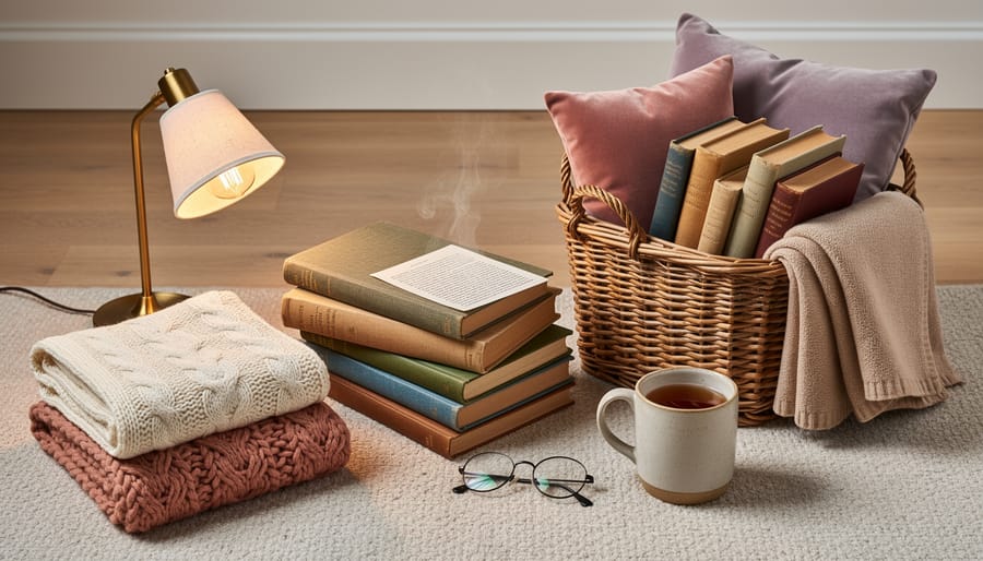 Reading corner essentials including lamp, stacked books, and layered blankets arranged near a fireplace hearth.
