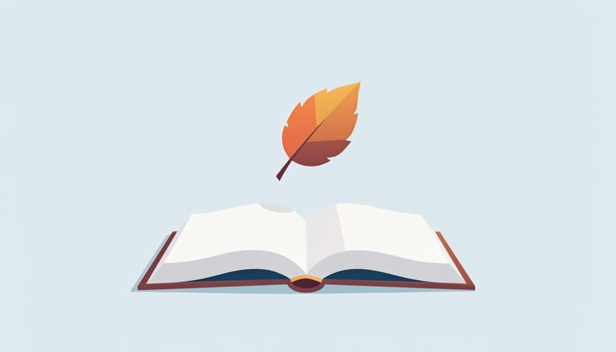 An open book with bookmarks and a leaf resting on its page, suggesting late-summer to fall reading momentum.
