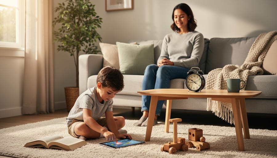 Person relaxing at home with a closed book on their lap and a clock in the background, symbolizing mindful limits.