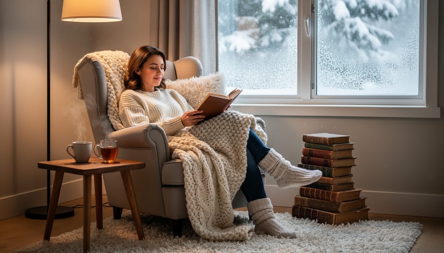 Person reading a book comfortably in a cozy chair beside a fireplace with warm lighting and a side table nearby.
