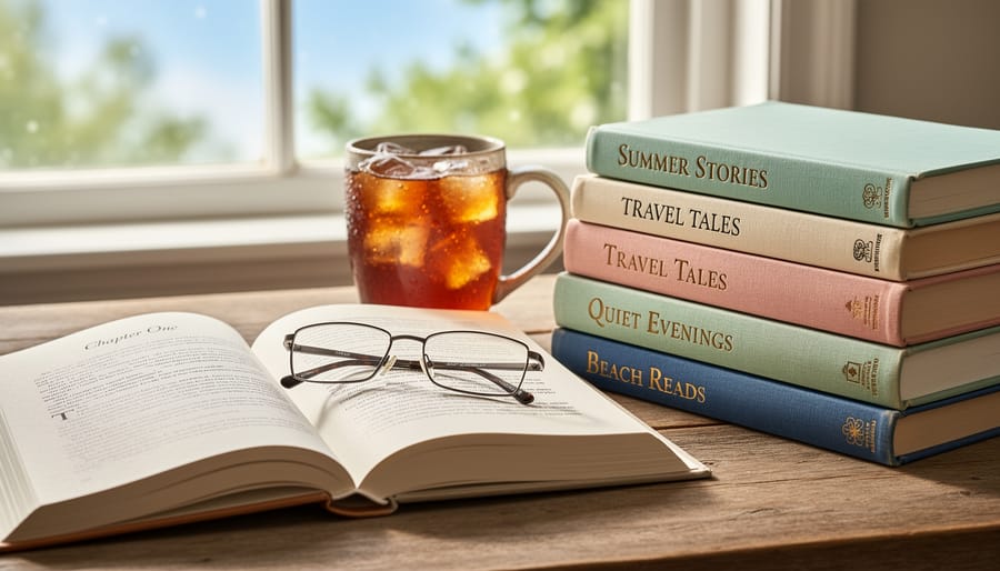A person reading an open paperback with a tote bag and a stack of summer books on a wooden table nearby.