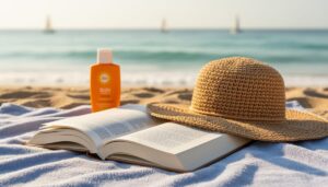 An open paperback on a beach towel with sunscreen and a hat beside it, with the ocean blurred in the background.