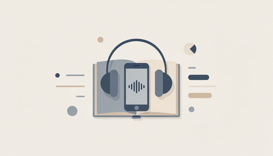 Headphones and portable audio player resting on a stack of biography books on a desk in soft morning light