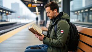 A Canadian commuter on a train platform holding an open book while wearing earbuds, with a smartphone nearby to suggest listening to an audiobook.