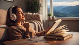 A person wearing over-ear headphones listens to a biography audiobook in a cozy room, with a book open nearby and soft daylight creating an intimate atmosphere.
