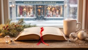 An open holiday book with a red ribbon bookmark on a wooden table, next to hot cocoa, pine decor, and snow-dusted Christmas ornaments, with soft winter light in the background.