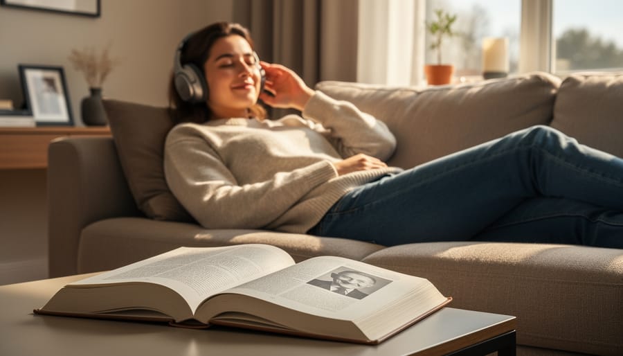 Person wearing over-ear headphones listening to a biography in a cozy reading nook with a book open nearby