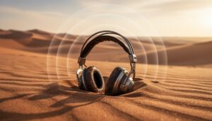 Over-ear headphones resting on desert sand with subtle sound-wave ripples fading toward a distant desert horizon.