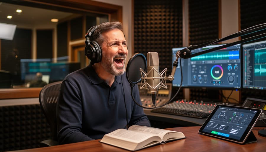 Narrator speaking into a studio microphone with headphones and acoustic foam panels in the background