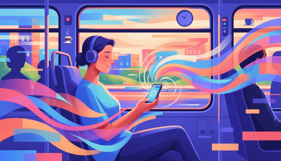 Person’s reflection in a train window with headphones in a dusk setting and blurred city lights outside